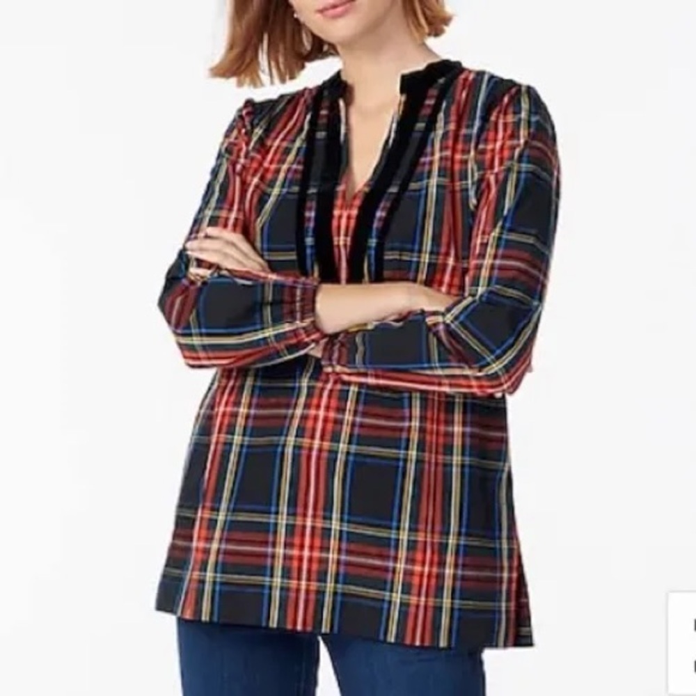 J. Crew Velvet-Trimmed V-neck Long Sleeve Tunic in‎ Black Stewart Tartan Plaid